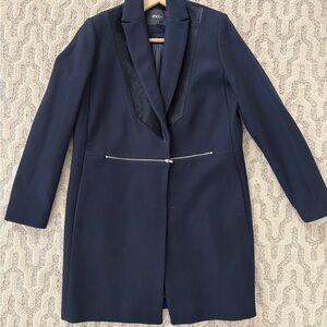 Maje Size FR40/US 8 Navy Wool/Cashmere Blend Coat w/Black Pony Hair Trim